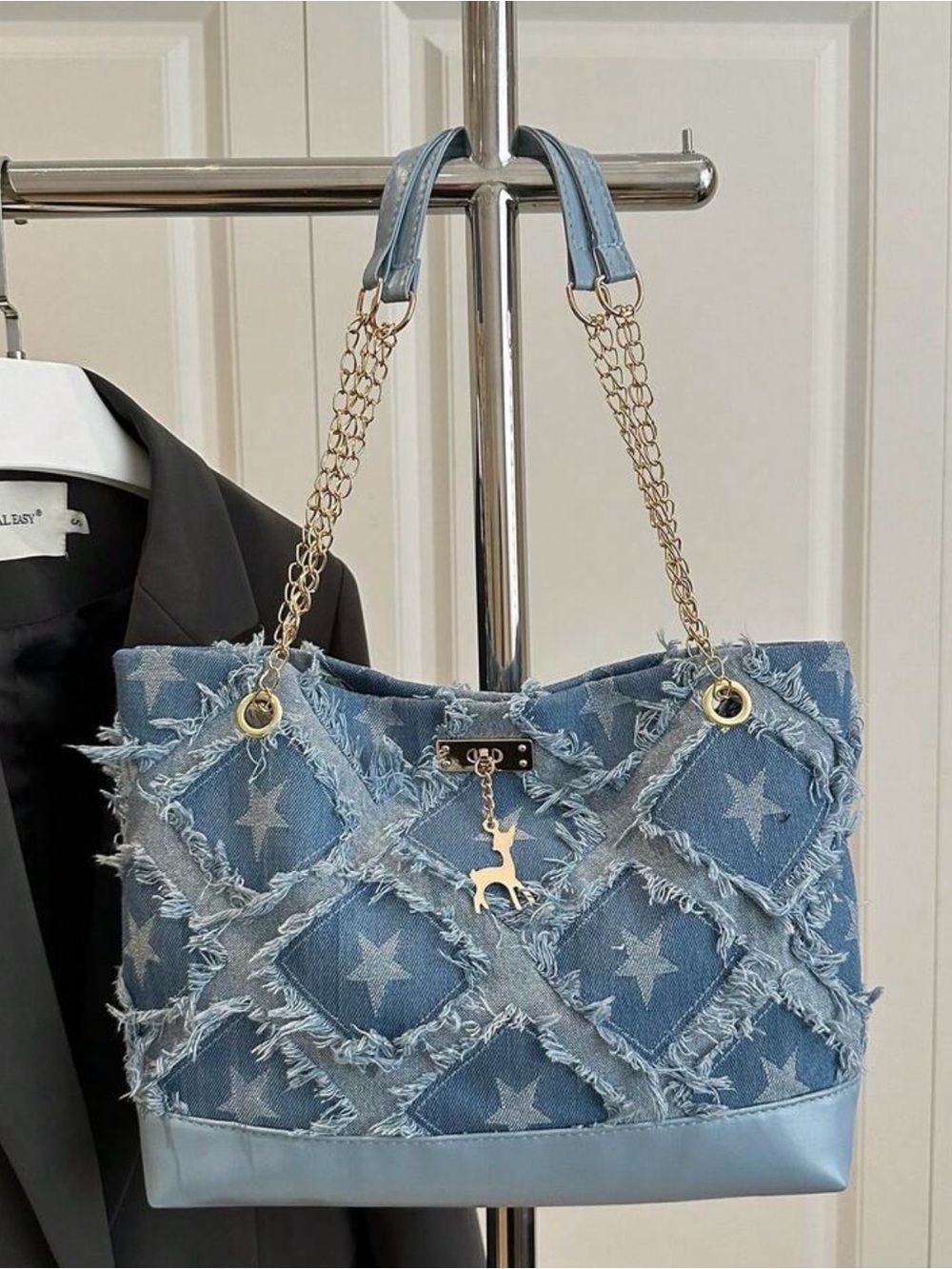 Star-Pattern Frayed Denim Tote - Light Blue - Picture 2 of 5